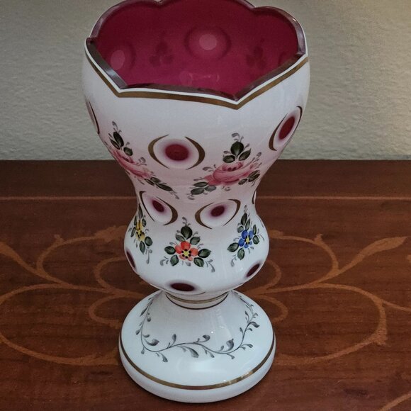 ANTIQUE VINTAGE BOHEMIAN CZECH MOSER FLOWER HAND PAINTED CUT TO CLEAR GLASS VASE